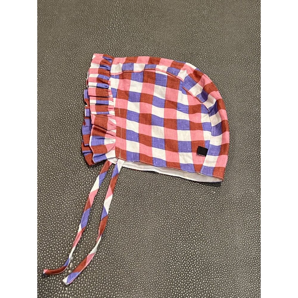 Oeuf Checkered Ruffle Bonnet 12/24M NWOT Pink/ Purple